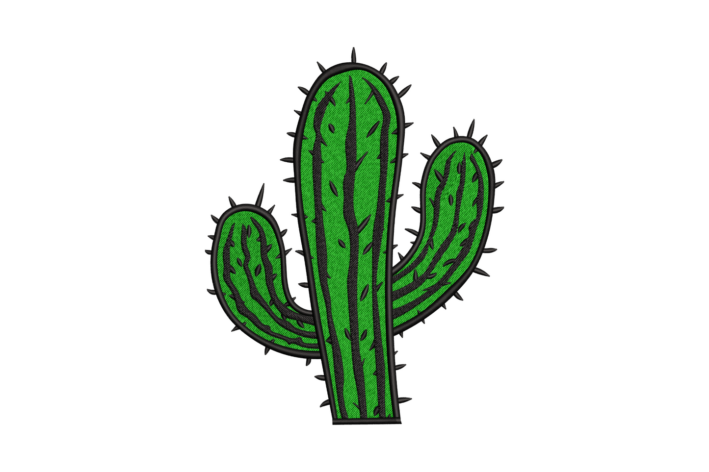 Classic green cactus embroidery, bold saguaro with dark outline and spines, 2 color graphic style no base