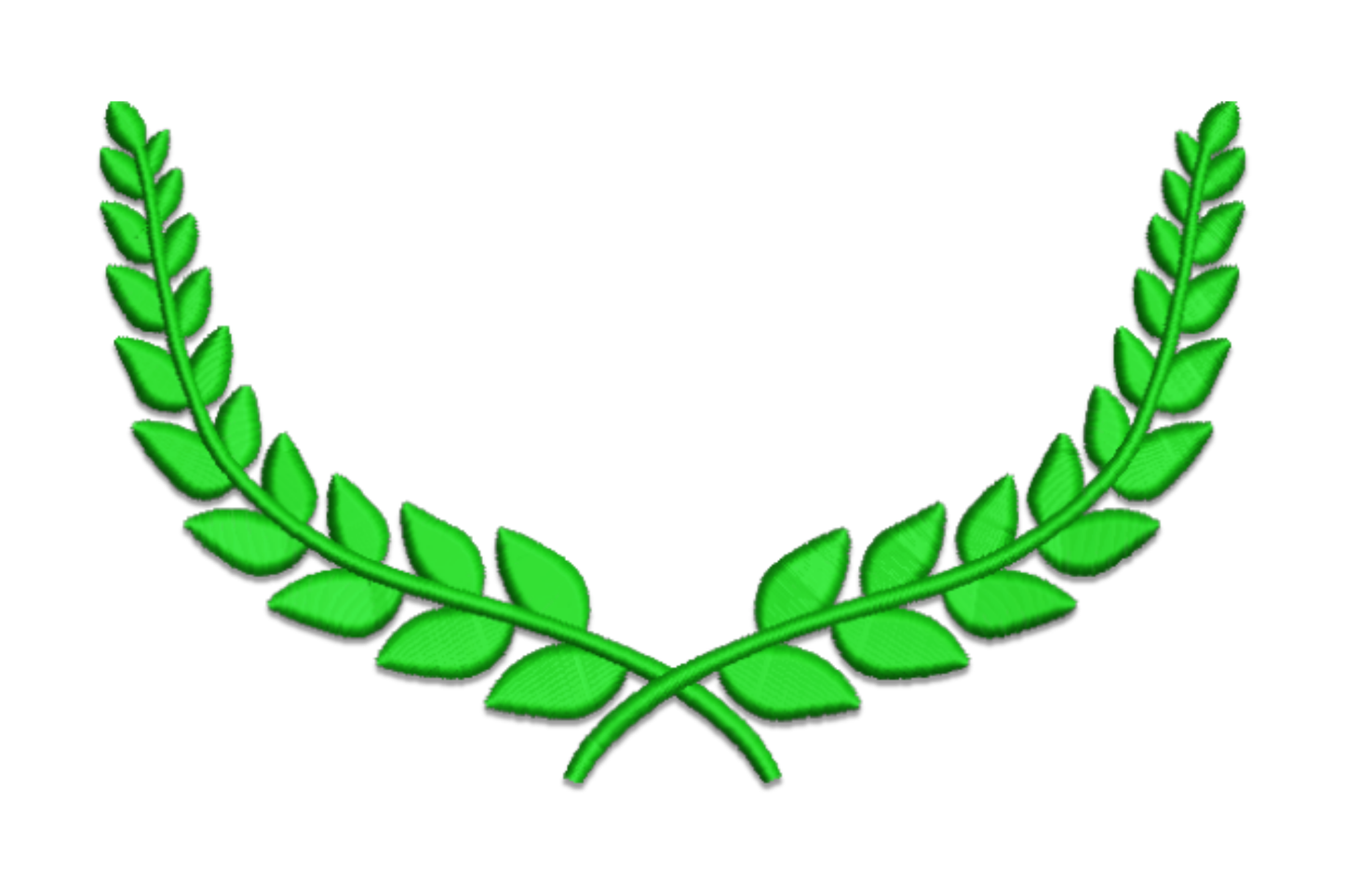 Classic green laurel half wreath, short curved leaf branches crossing at bottom and arching up like crest under-banner.