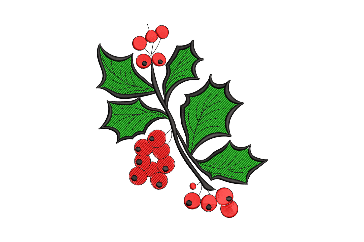Classic holly branch with three pointed green leaves and clustered red berries, traditional Christmas embroidery design