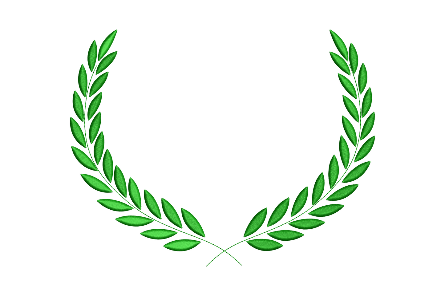Classic laurel wreath machine embroidery design, dark green satin oval leaves in traditional U-shape open-centre branch pair