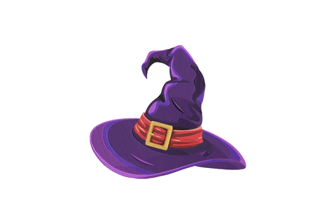 Purple witch hat with a red band and gold buckle embroidery design