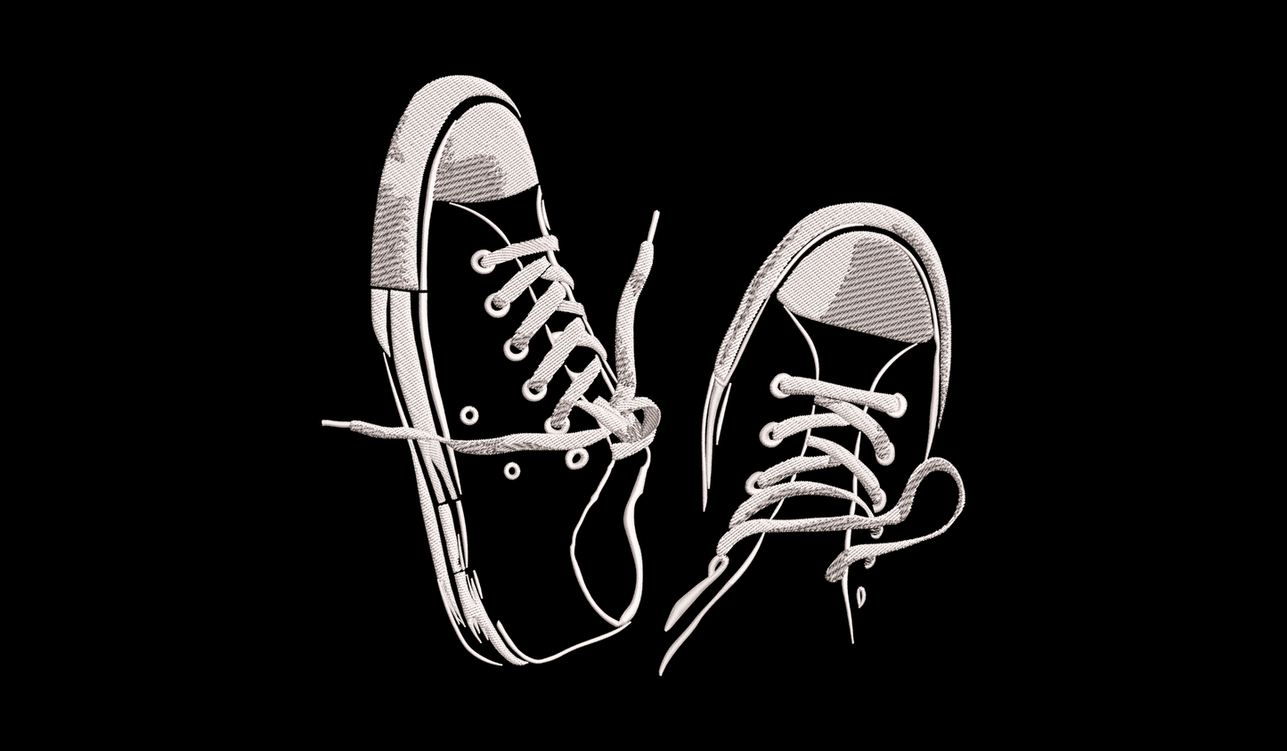 Classic high-top sneakers line art embroidery design, pair of shoes side by side with black outlines and grey fill, clean graphic style