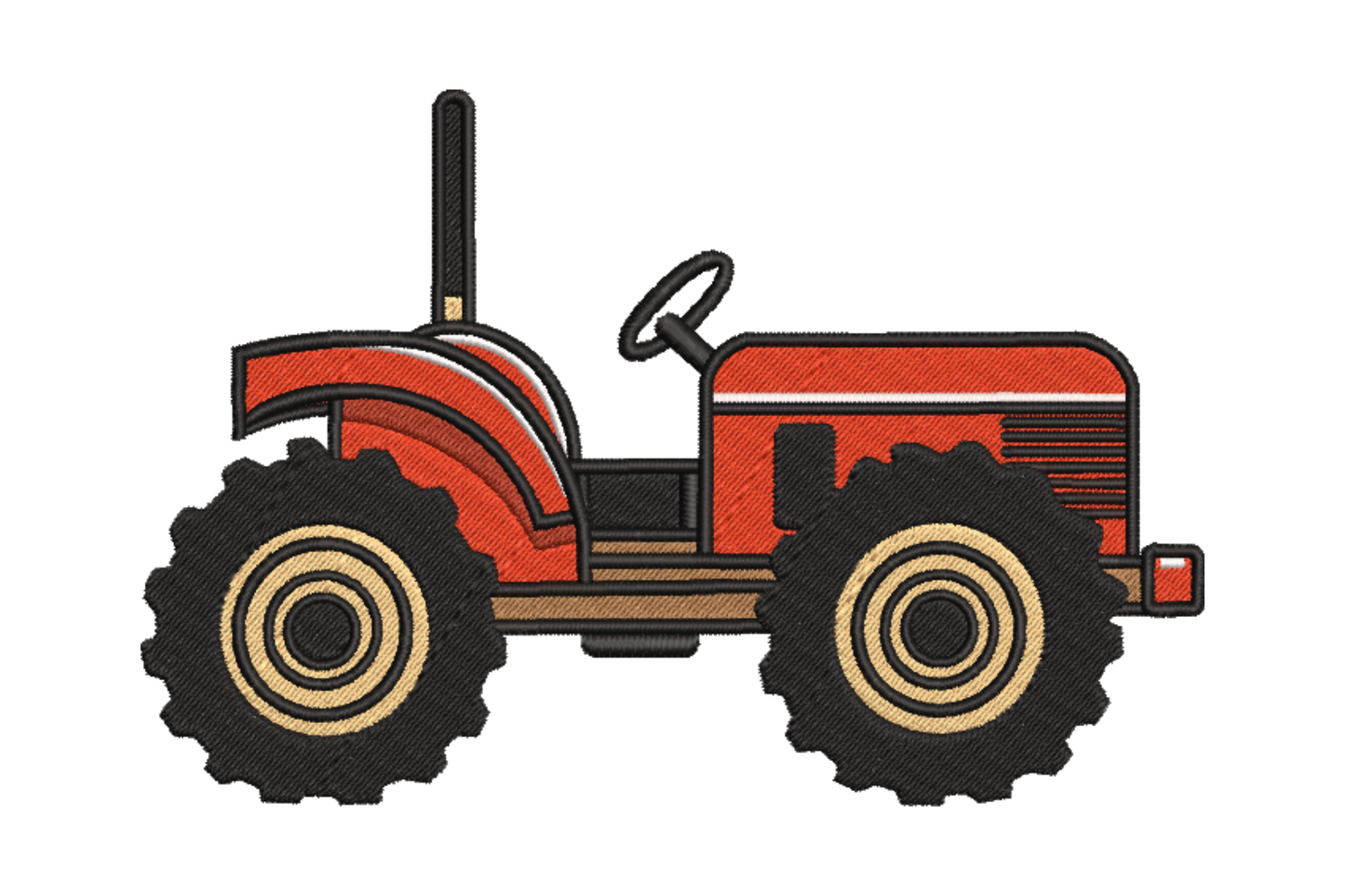 Machine embroidery design of a classic vintage tractor in side profile with terracotta red body and cream concentric ring wheel detail, 6 colors