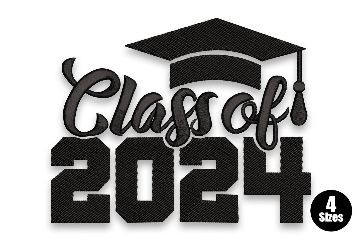 Class of 2024 graduation embroidery with black mortarboard cap, italic script and chunky block numeral fills.