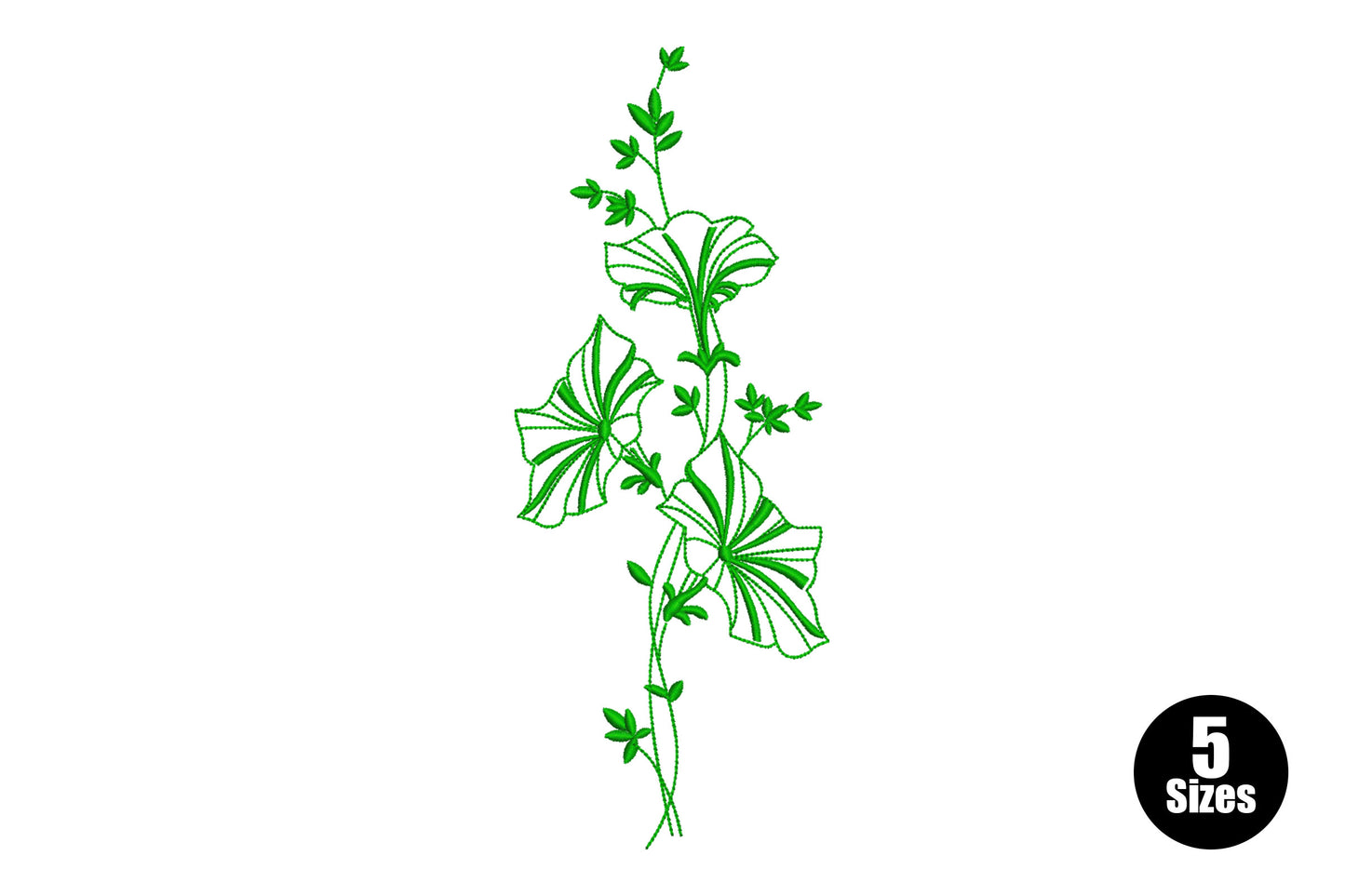 Climbing vine floral embroidery design with open trumpet flowers and leaf clusters in dark green outline style on white.
