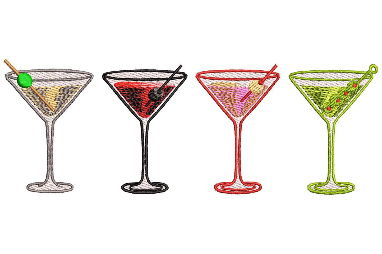 Four martini glasses embroidery set in a row with grey, black, red and olive-green colour schemes, each with a cocktail garnish.