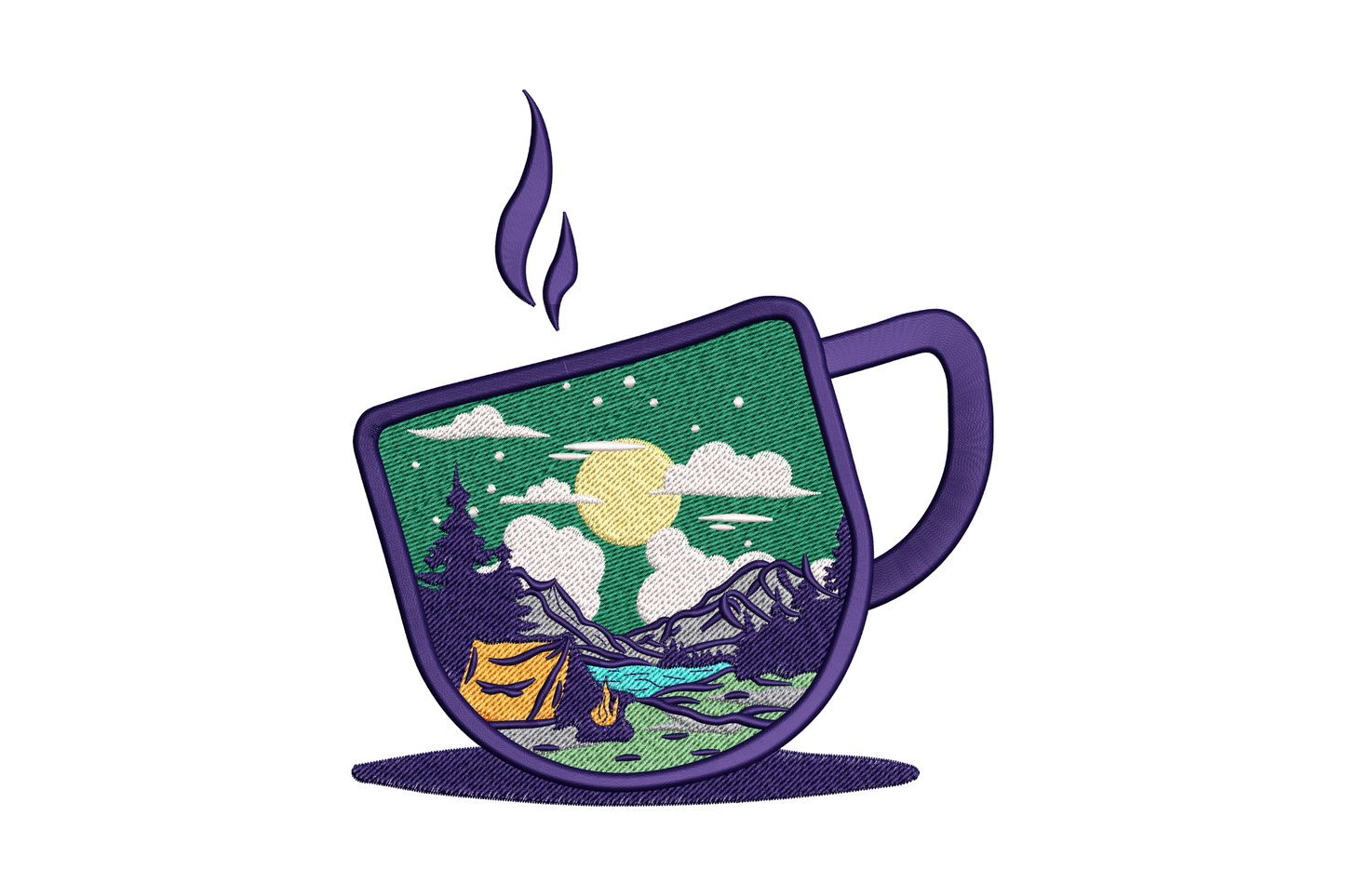 Machine embroidery design of a coffee mug filled with a camping scene including mountains, tent, campfire and pine trees, 9 colours, 5 sizes.
