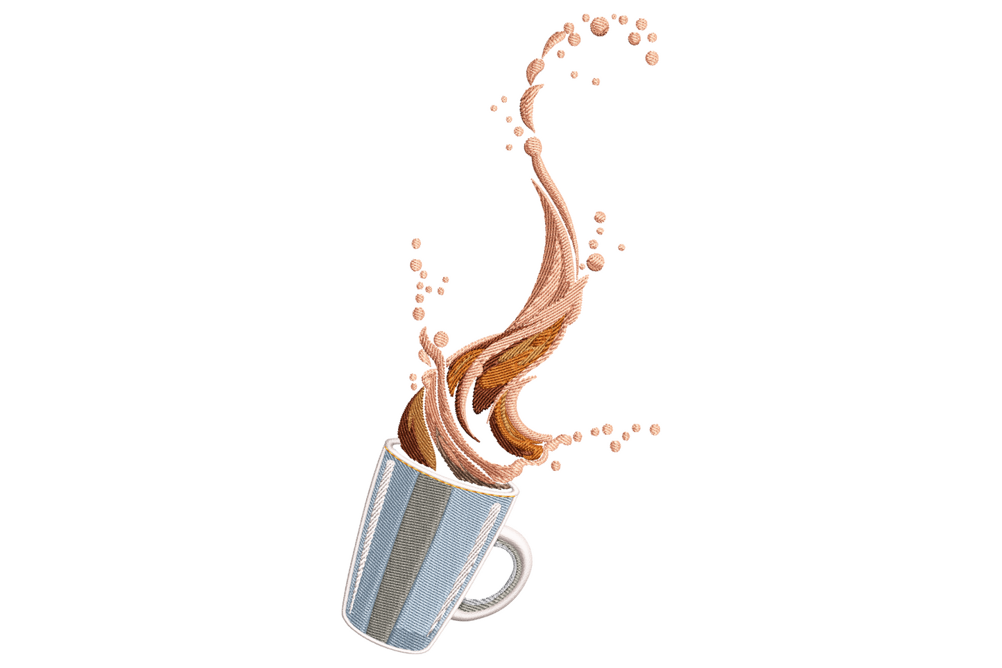 Coffee cup splash embroidery design showing a tilted blue and white striped mug with caramel coffee leaping out in a wave.