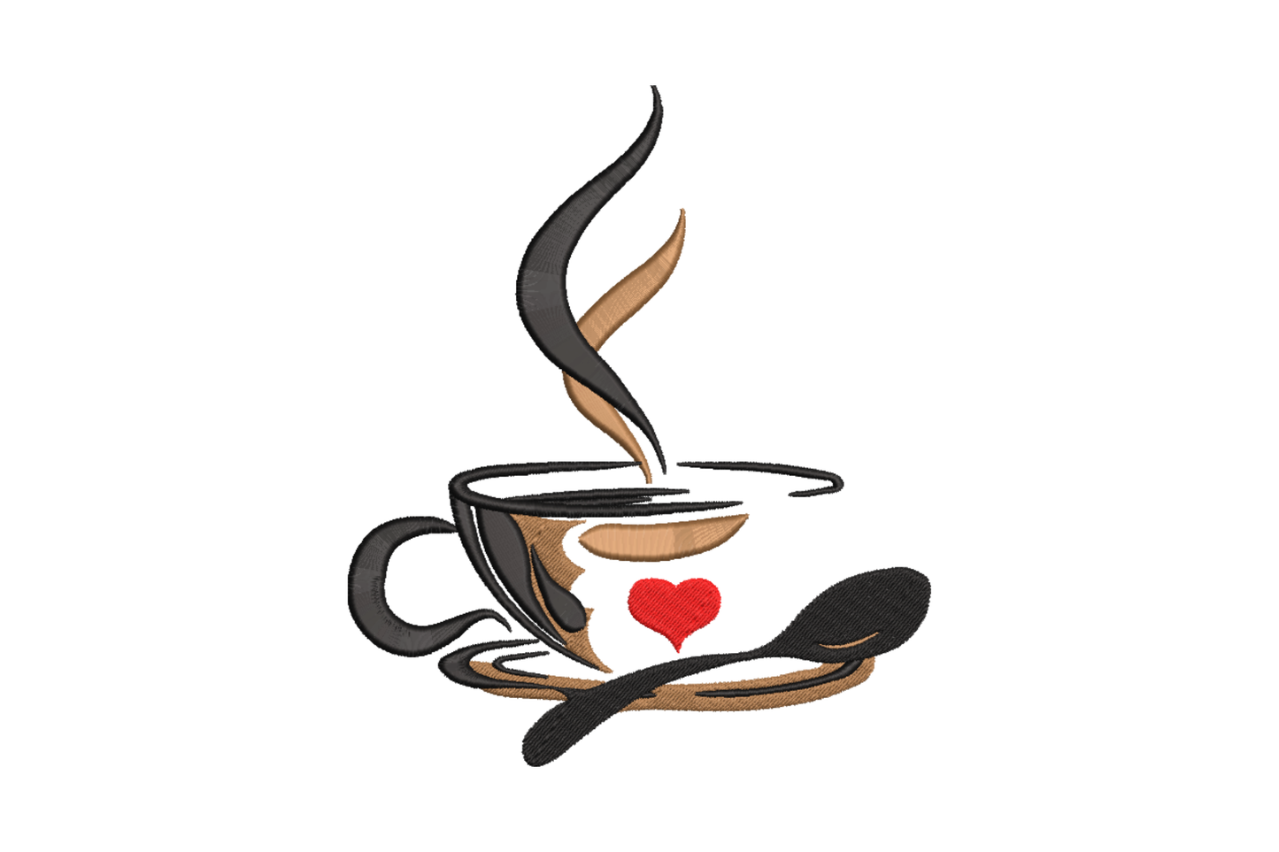 Coffee cup with heart embroidery design, black and brown sketchy cup with red heart detail and steam curls, 5 sizes