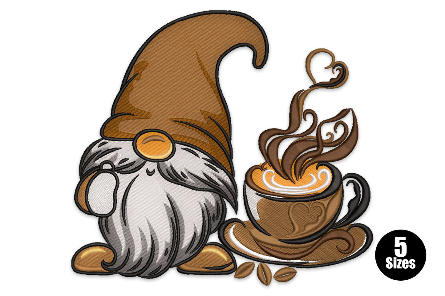 Chunky gnome with drooping brown hat and fluffy beard beside a steaming latte cup with coffee bean scatter at base