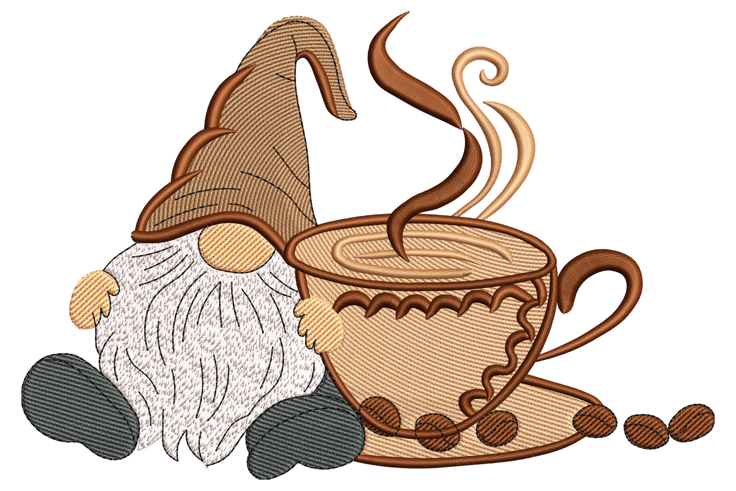 Coffee gnome embroidery design with droopy red knit hat, fluffy cream beard, and a brown steaming coffee mug.