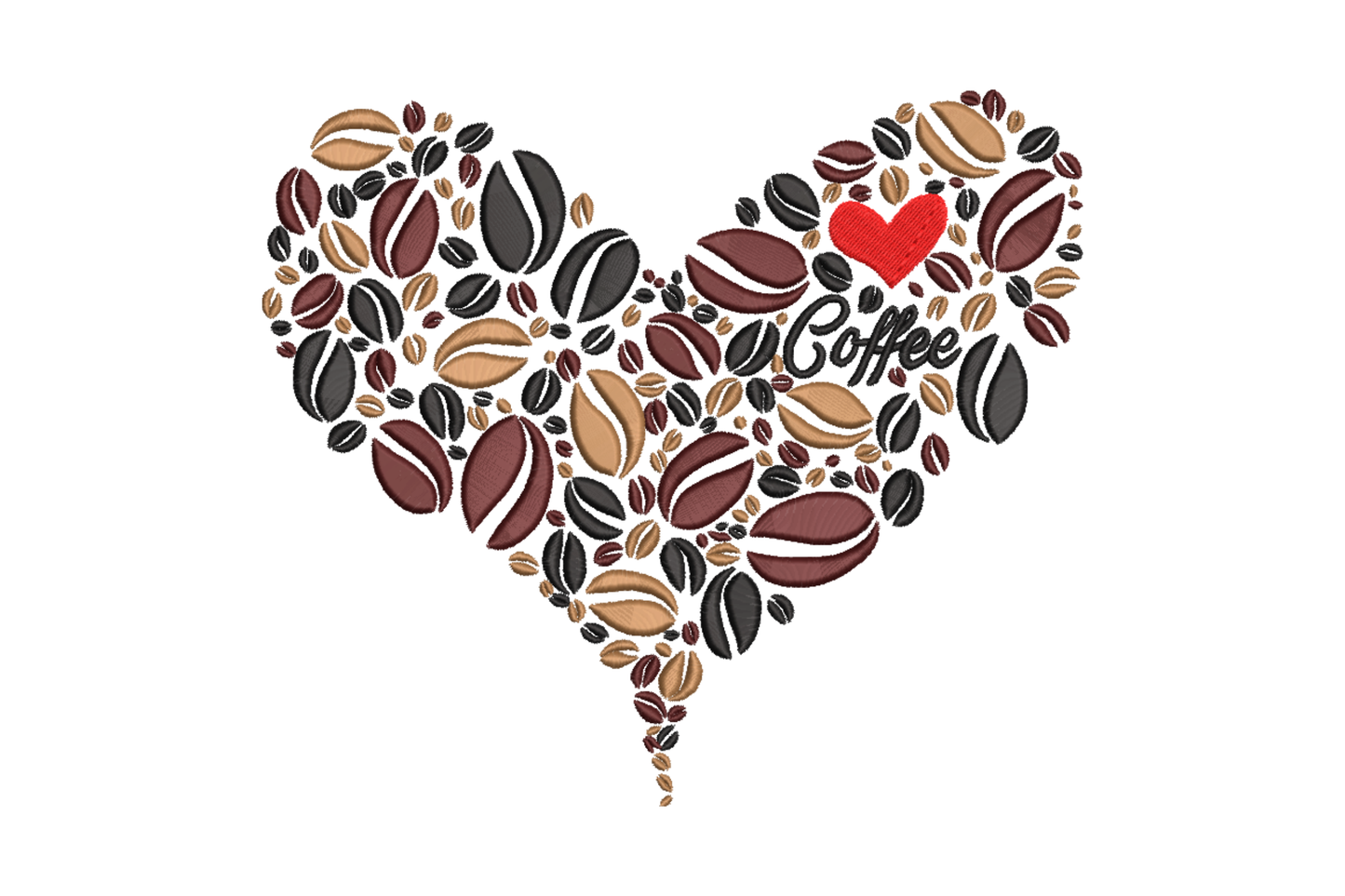 Coffee heart embroidery, heart filled with beans in black burgundy and tan, red heart and Coffee script inside, 4 sizes