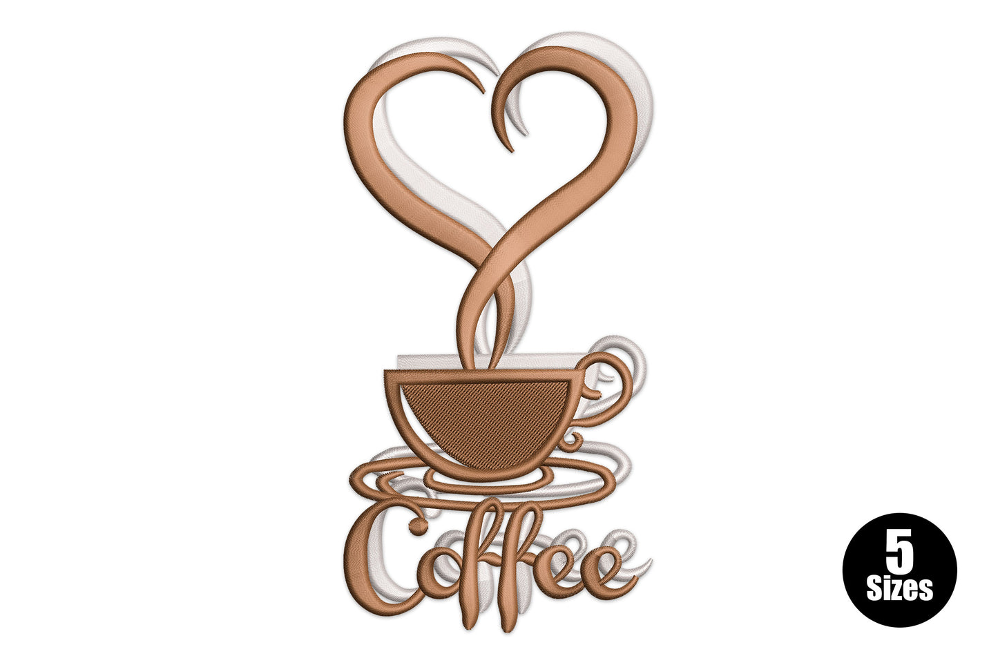 Coffee cup with cream ghost steam and brown heart-shaped steam above, saucer and Coffee script below, 5 hoop sizes.