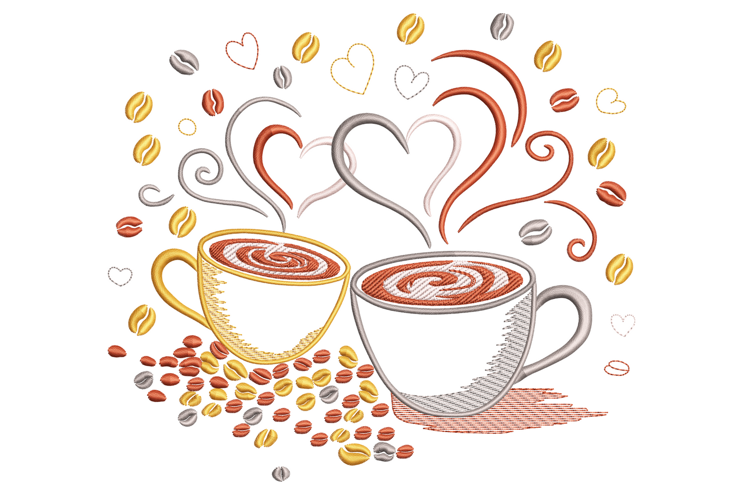 Coffee Love Cups embroidery with mustard yellow cup, white cup, heart shaped steam swirls and scattered coffee beans