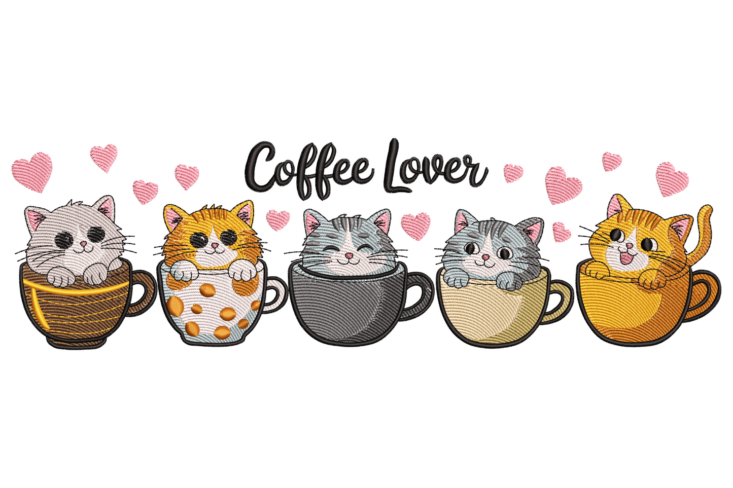 Tall vertical stack embroidery of three cartoon cats with coffee mugs, orange tabby with latte, grey kitten with cappuccino, black cat with takeaway cup.