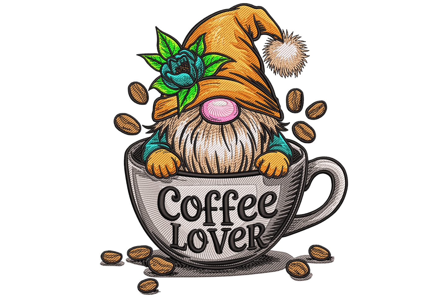 Coffee lover gnome embroidery in a teacup, orange floppy hat, blue rose, grey beard and scattered coffee beans.