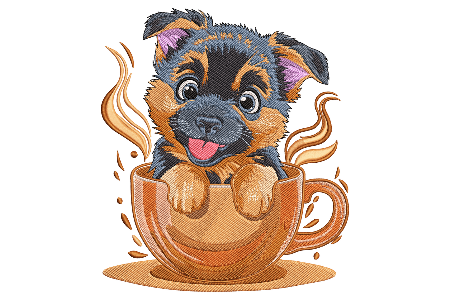 German shepherd puppy peeking from inside an orange coffee mug with curling steam swirls and scattered bean droplets.