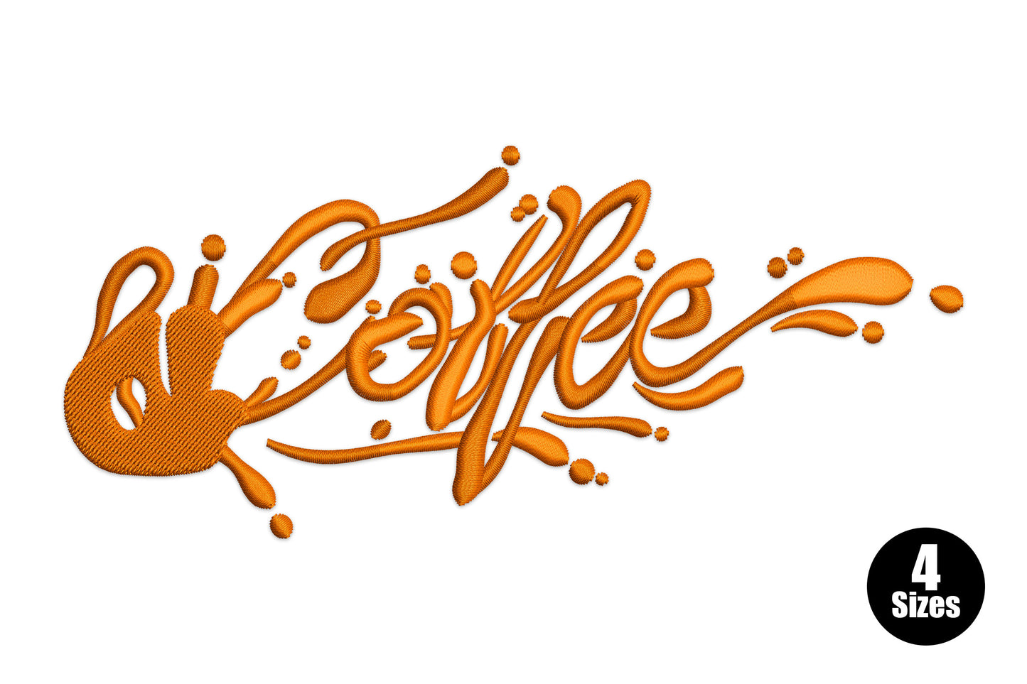 Coffee splash graffiti script with small cup silhouette and liquid blobs in orange-brown, wide horizontal design, 4 sizes.