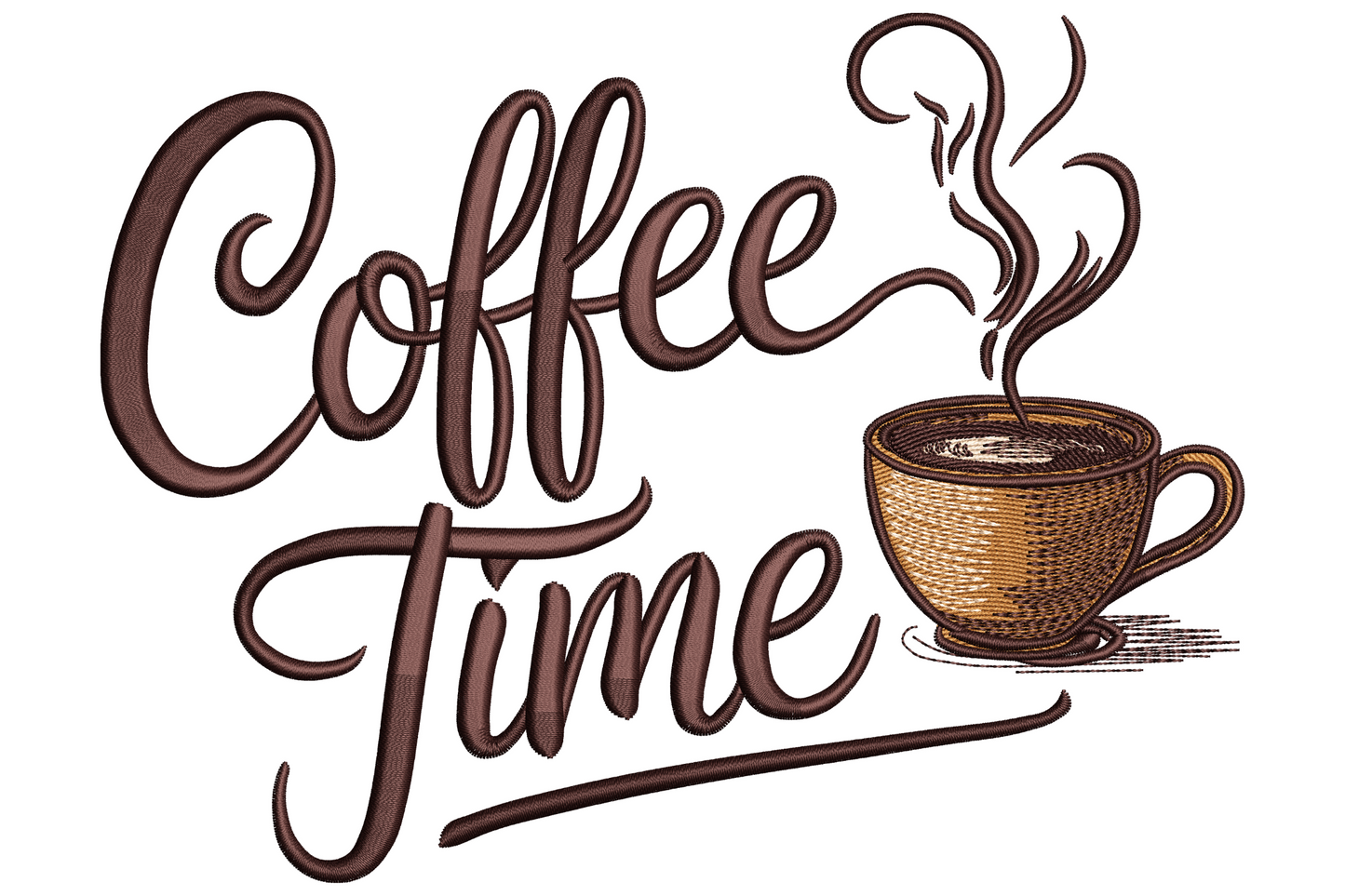 Coffee Time embroidery design with chocolate brown cursive script lettering and a small steaming coffee cup tucked to the right.