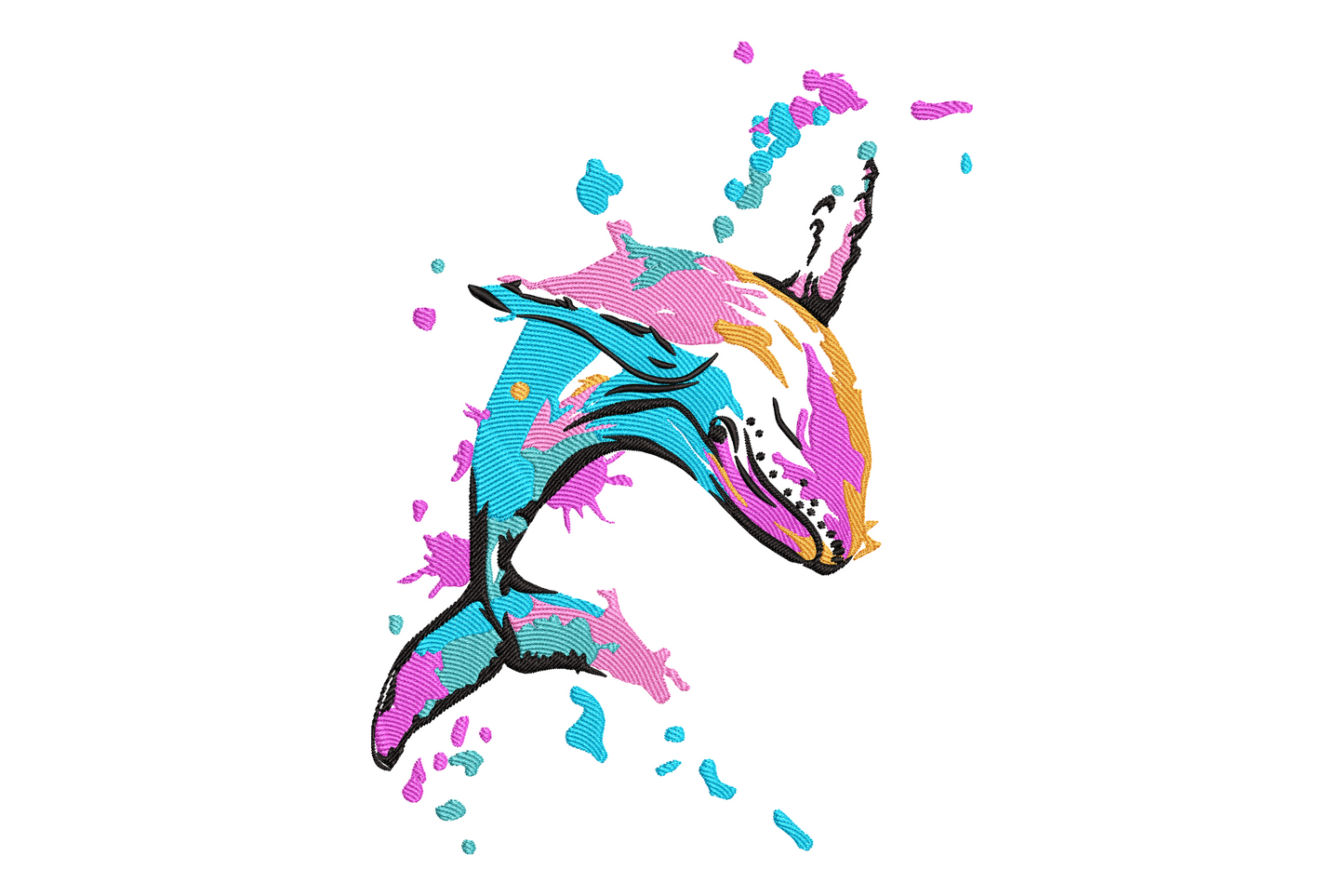 Color splash dolphin embroidery, ocean blue satin body with colourful scatter fill, 7.49 by 5.55 inches, 6 colours