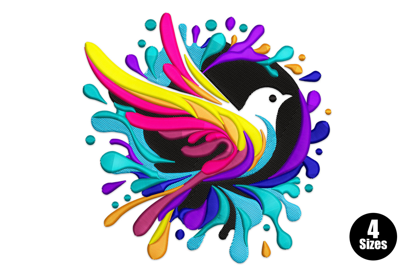 Color splash dove embroidery -- black bird with multicolour paint-arc wings, 9 thread colours, abstract style