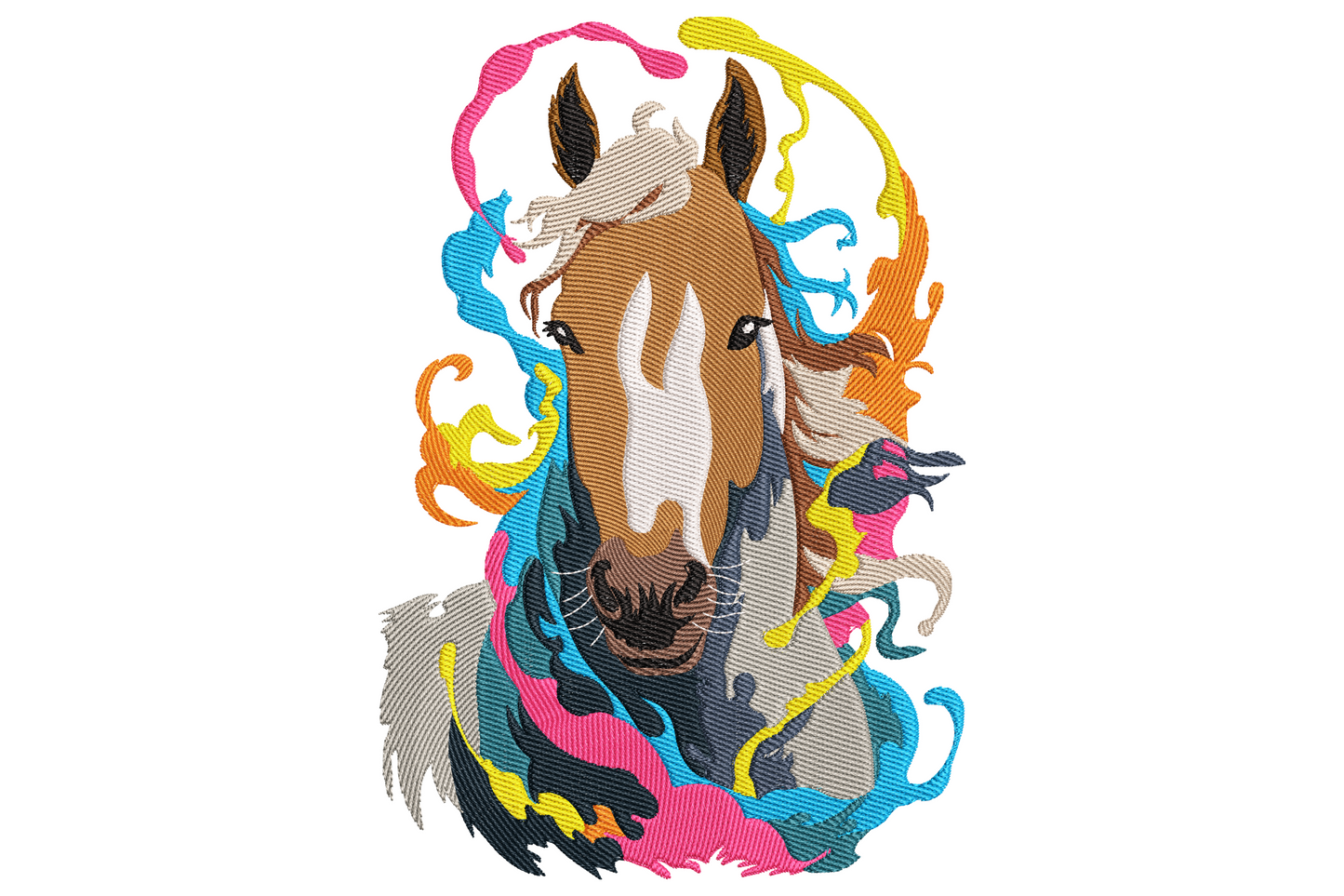 Colour splash horse head embroidery design with realistic chestnut portrait surrounded by hot pink, sky blue, orange and yellow paint-burst shapes.