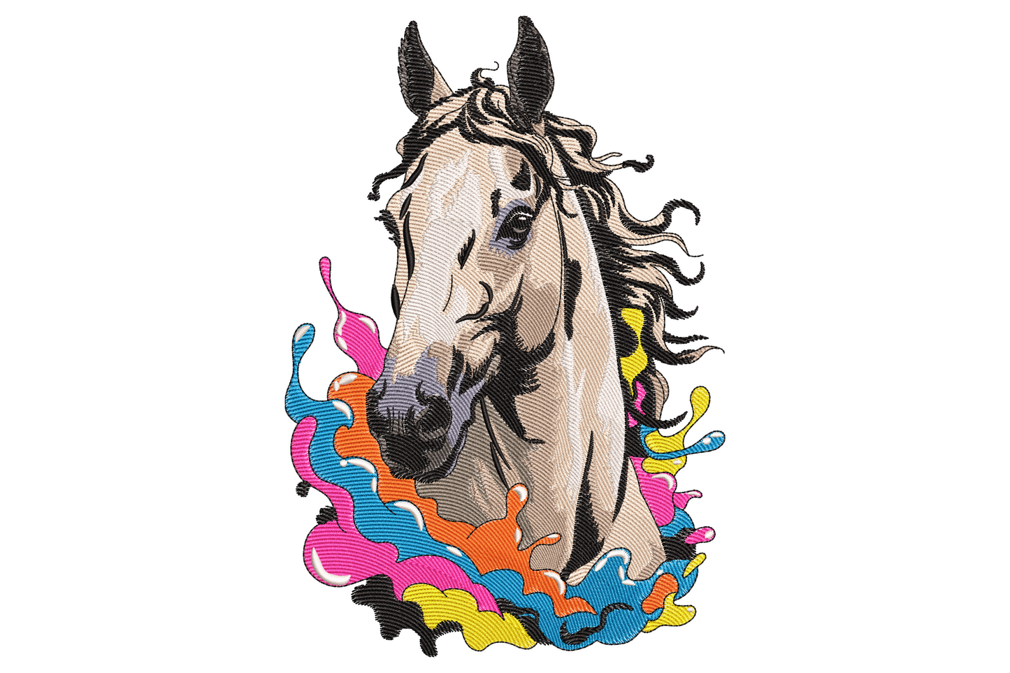 Color splash horse embroidery with realistic grey portrait head above bold abstract shapes in pink, cyan, yellow and orange.