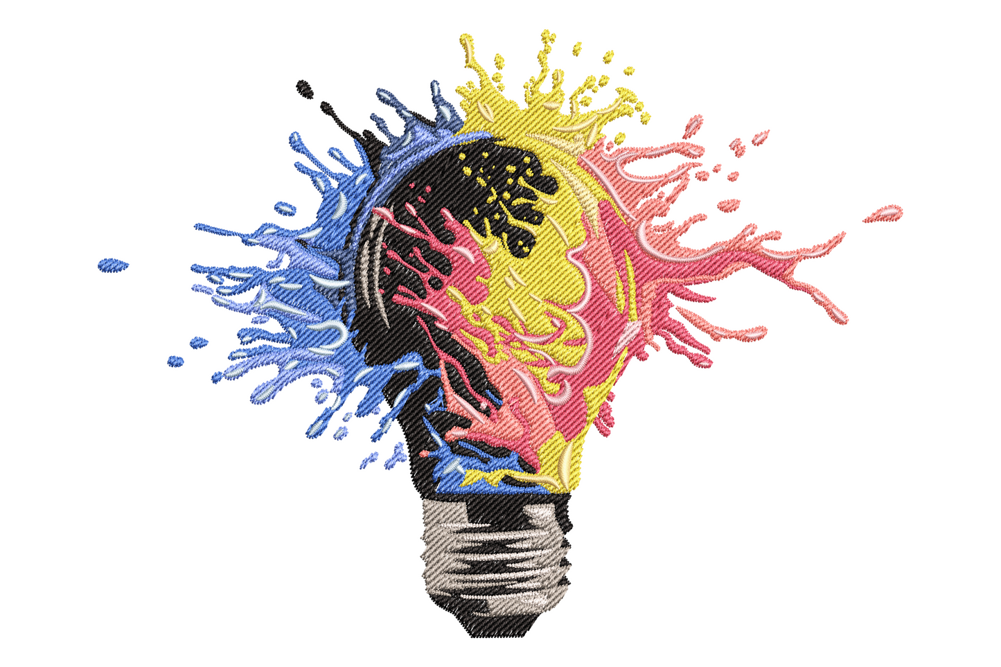 Color splash light bulb embroidery design with 12 vivid paint-splash colour patches inside a black-outlined bulb silhouette on white fabric.