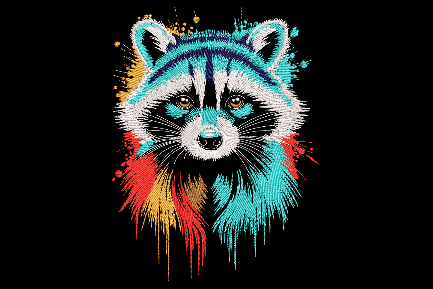 Color splash raccoon embroidery with charcoal mask, cream face and pink, teal, mustard watercolour splatters.