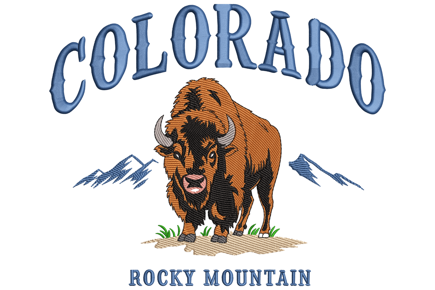 Brown bison with Colorado arching above in blue serif text and Rocky Mountain below, vintage travel souvenir design