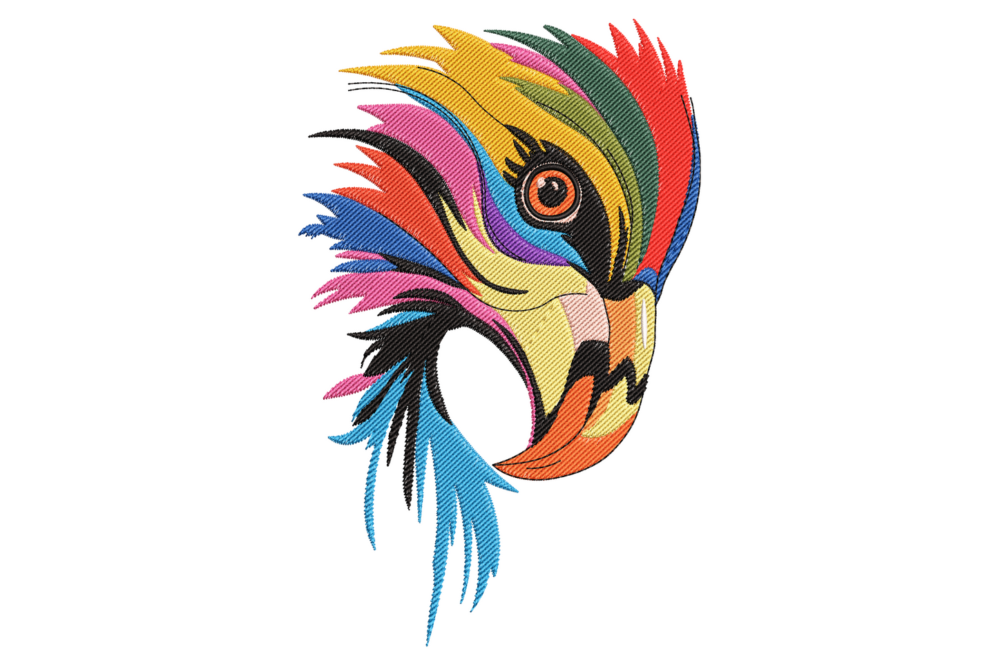 Abstract parrot head embroidery, painterly magenta, teal, yellow and orange feathers with pink-striped multicolour beak.