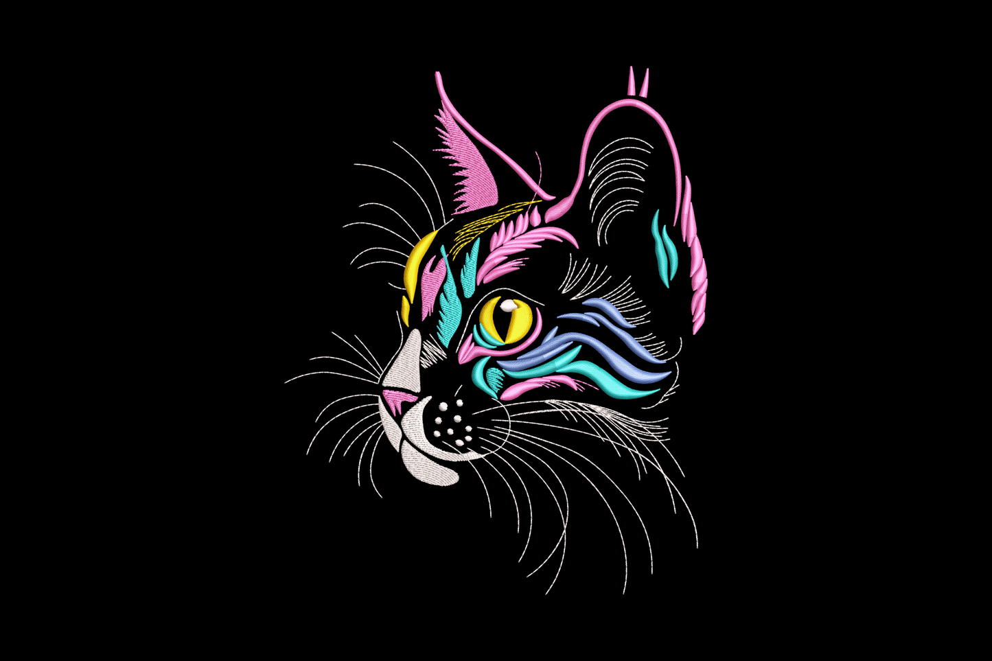 Colorful artistic cat face embroidery design in pink, aqua and gold thread with bold graphic fashion illustration style.