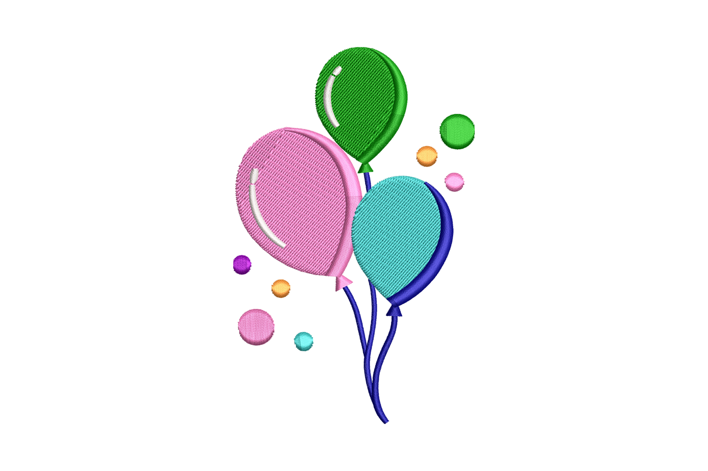 Embroidery design of a floating cluster of colorful round balloons in seven colors with twisted trailing strings