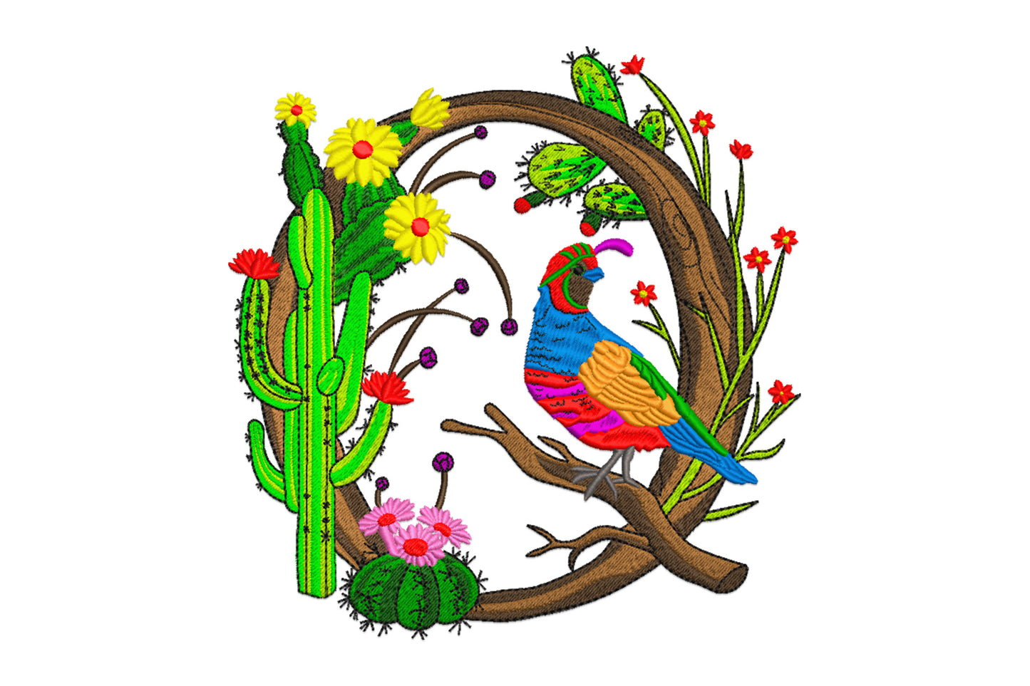 Colorful bird floral embroidery design with parrot on branch inside a round cactus and flower wreath in 15 vivid colours.