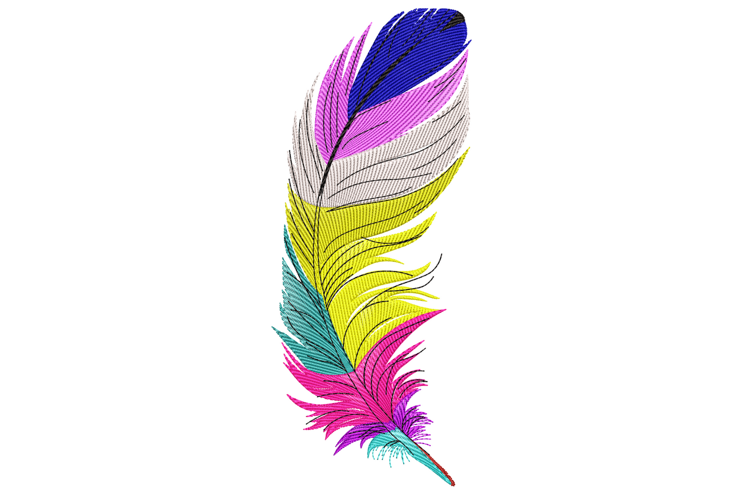 Colorful boho feather embroidery design with teal, mustard, coral, sage, burgundy bands and a tribal bead.