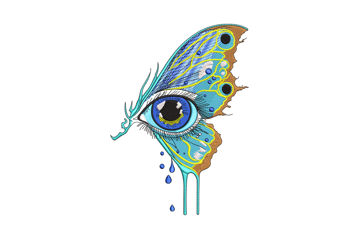 Colorful butterfly wing merged with a human eye, blue iris, teal and yellow wing panels, paint drip beads below, machine embroidery design