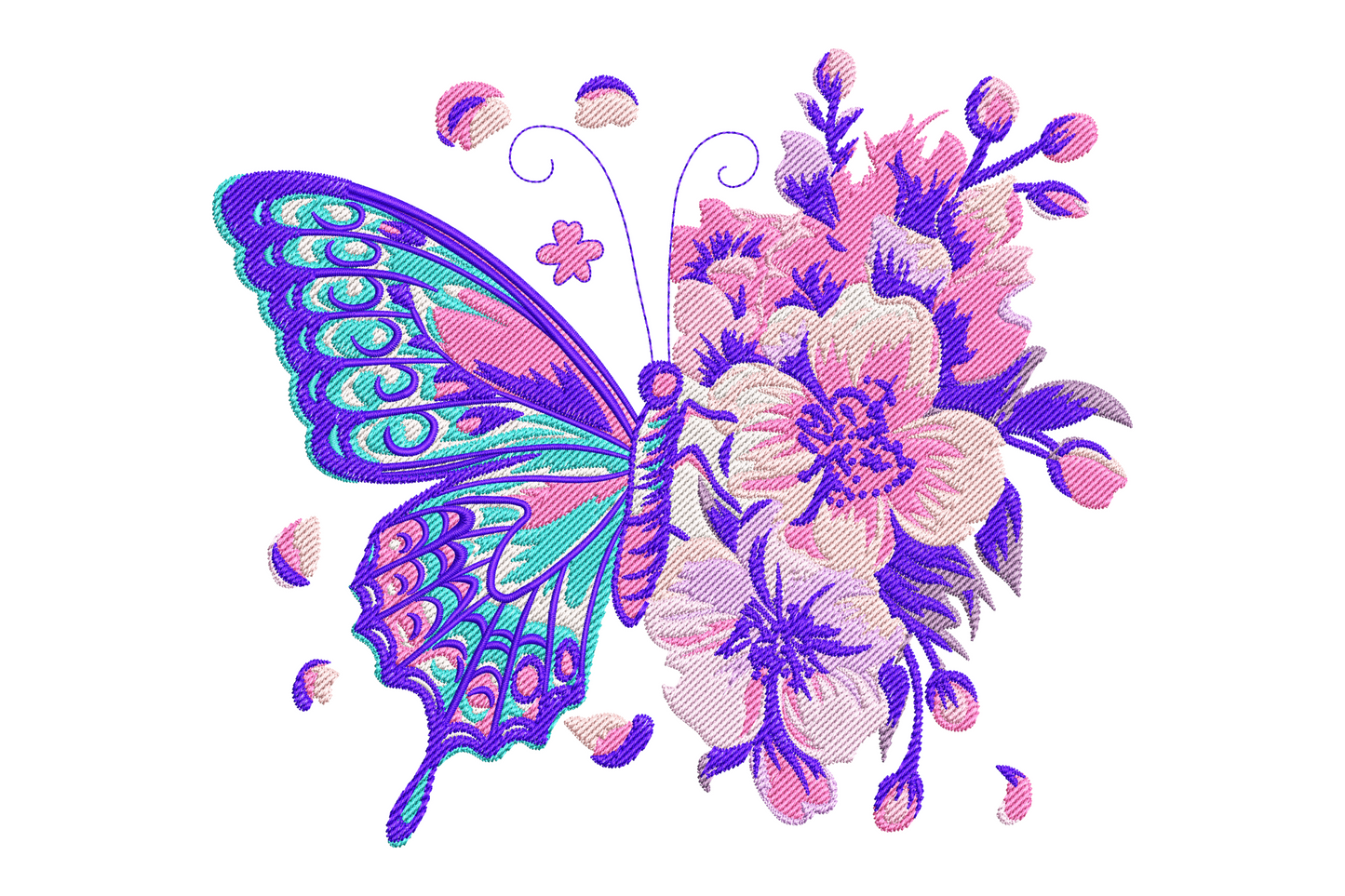 Colourful butterfly with floral wing pattern embroidery design, pastel lavender coral and yellow wings made of flower motifs, 9 colours on cream fabric