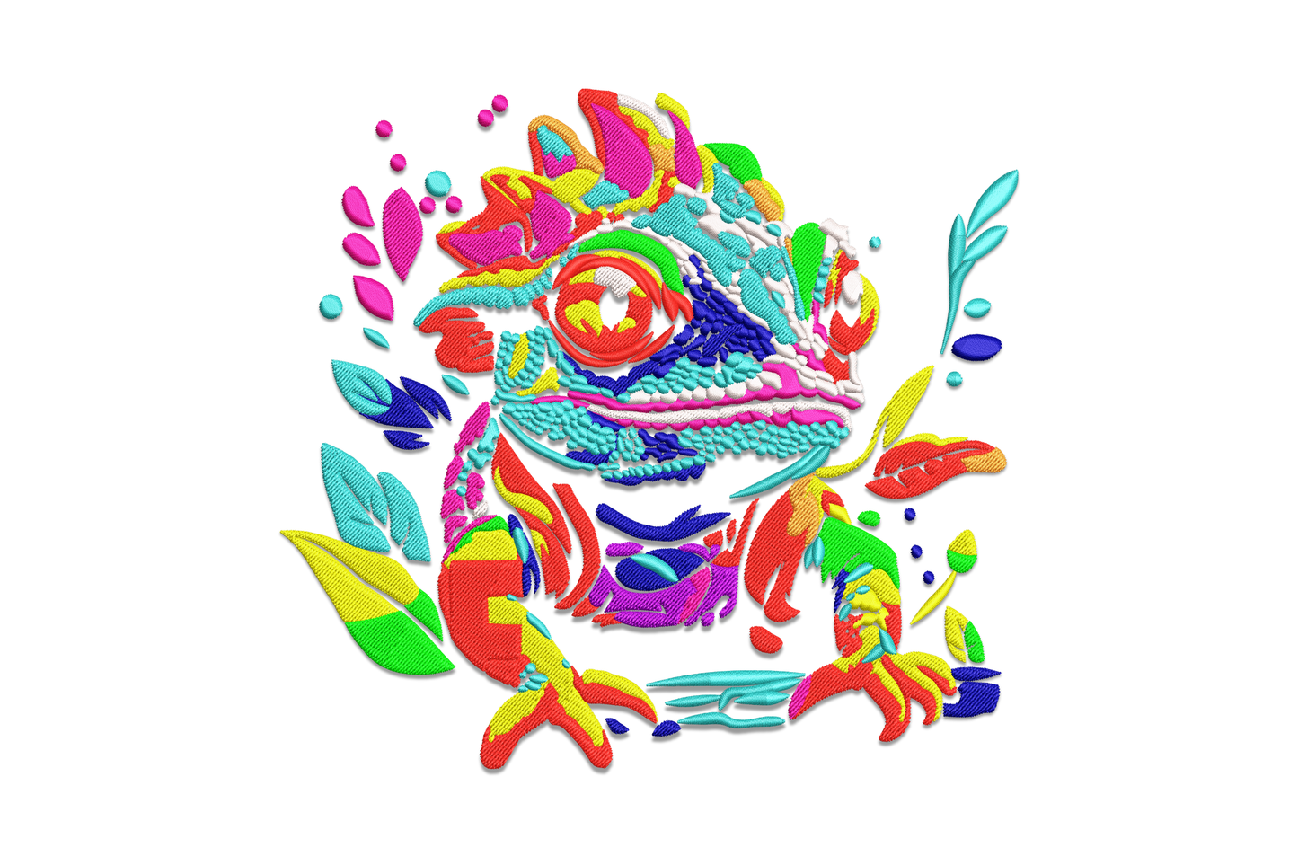 Machine embroidery design of a colorful chameleon portrait in pop art style with neon reds, teals, yellows and blues surrounded by abstract leaf shapes