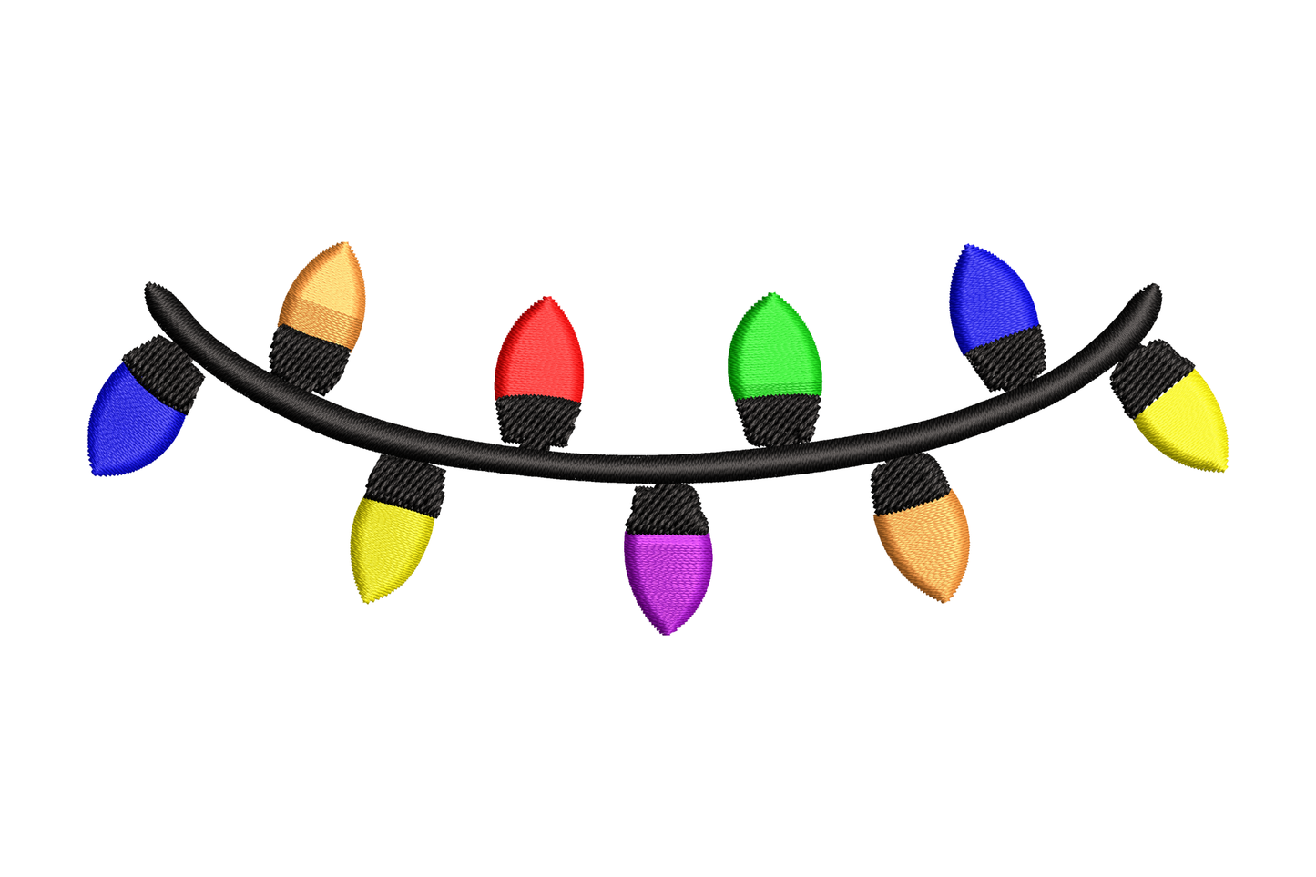 Colorful Christmas string lights border embroidery, 7 bulbs in blue orange red green yellow purple on a black arc cord
