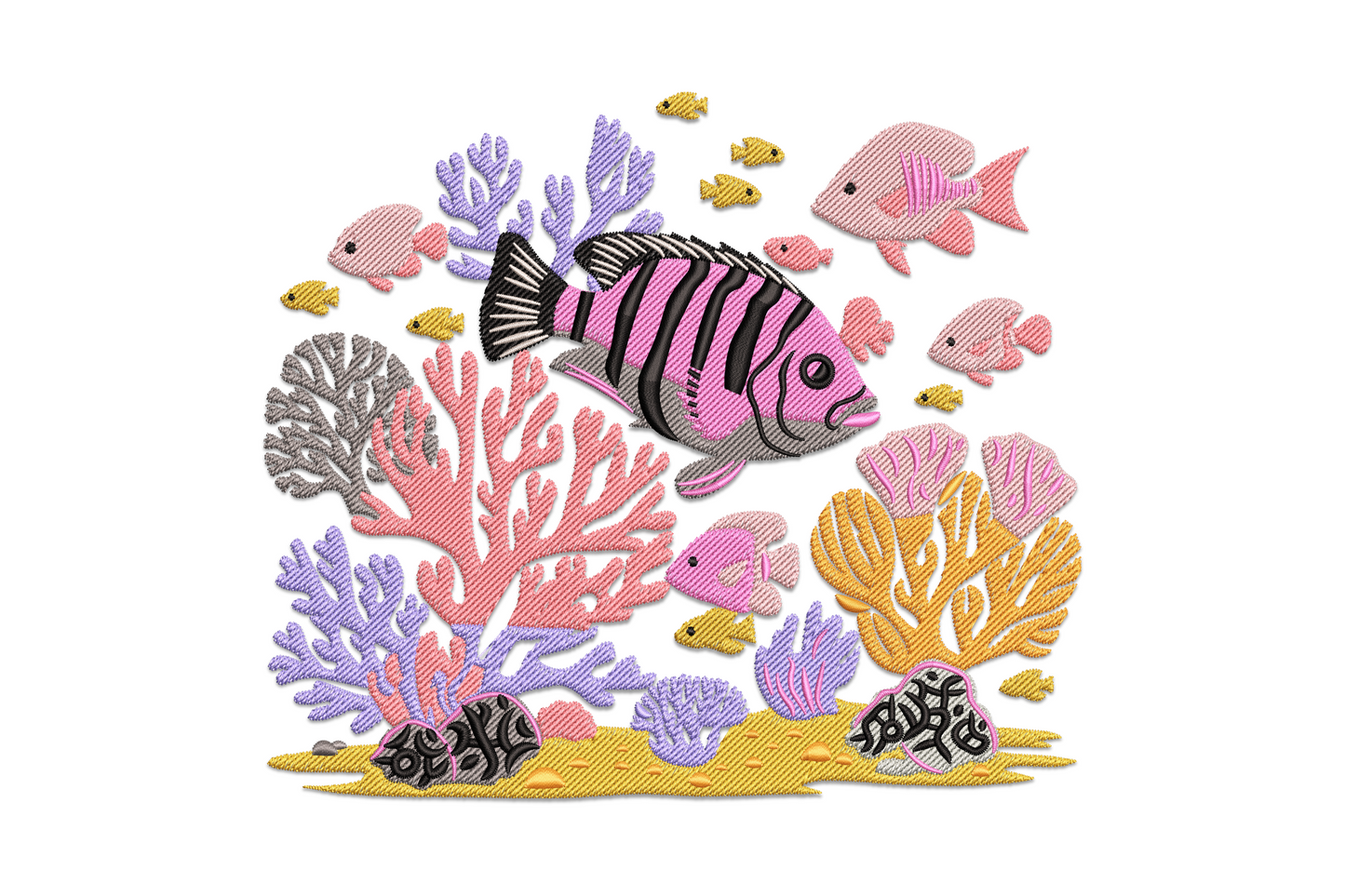 Colorful coral reef fish embroidery, pink-striped tropical fish with lavender coral, orange sea fans, 11 colours, 7.5 inch.