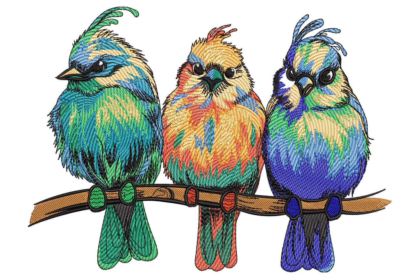 Colorful cute birds embroidery, three round birds with crest tufts on a branch, teal, orange and cobalt blue plumage.