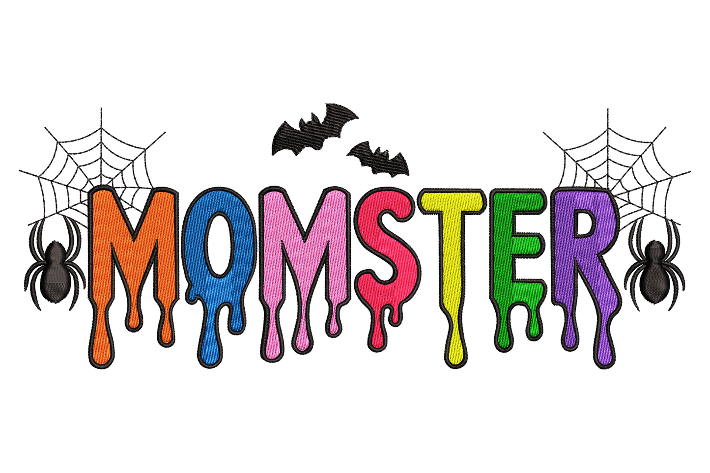 Bold colourful dripping monster lettering in eight colours with gooey letter drips, wide banner proportion, 3.5 by 1.39 inches Halloween machine embroidery design