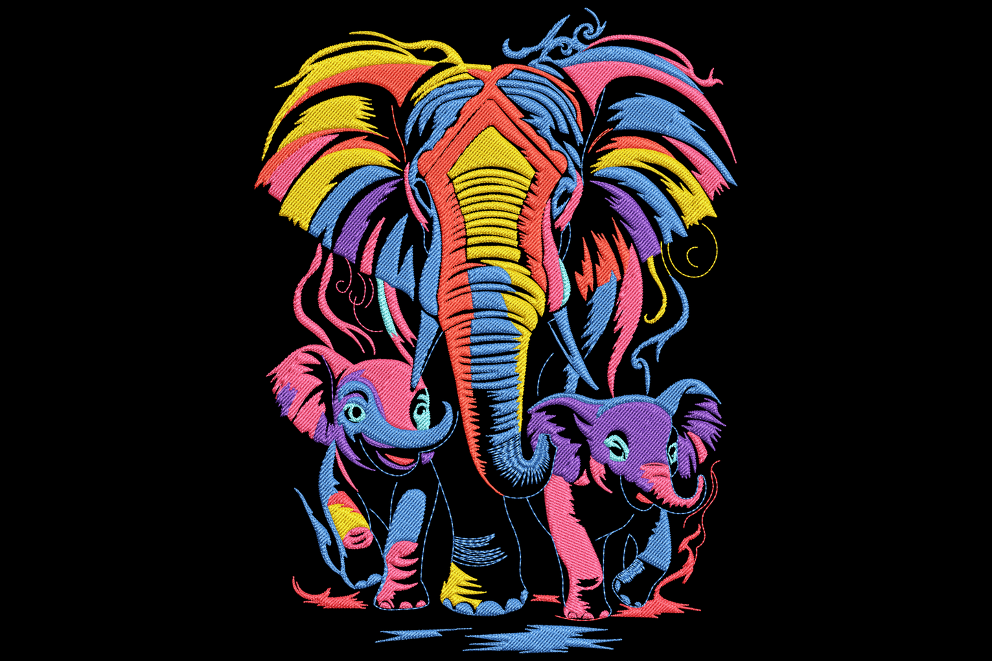 Colorful elephant family embroidery design showing patchwork mum and calf in pink, mustard, teal and sage with bold black outlines.