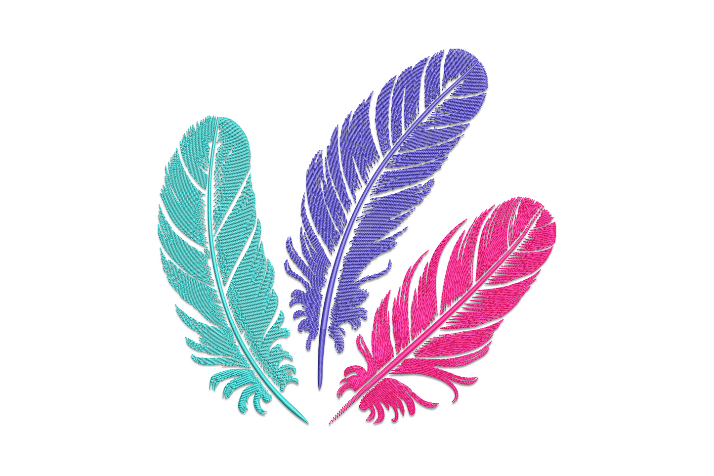 Three colourful boho feathers embroidery design in terracotta, teal, and dusty rose with flowing directional satin stitching