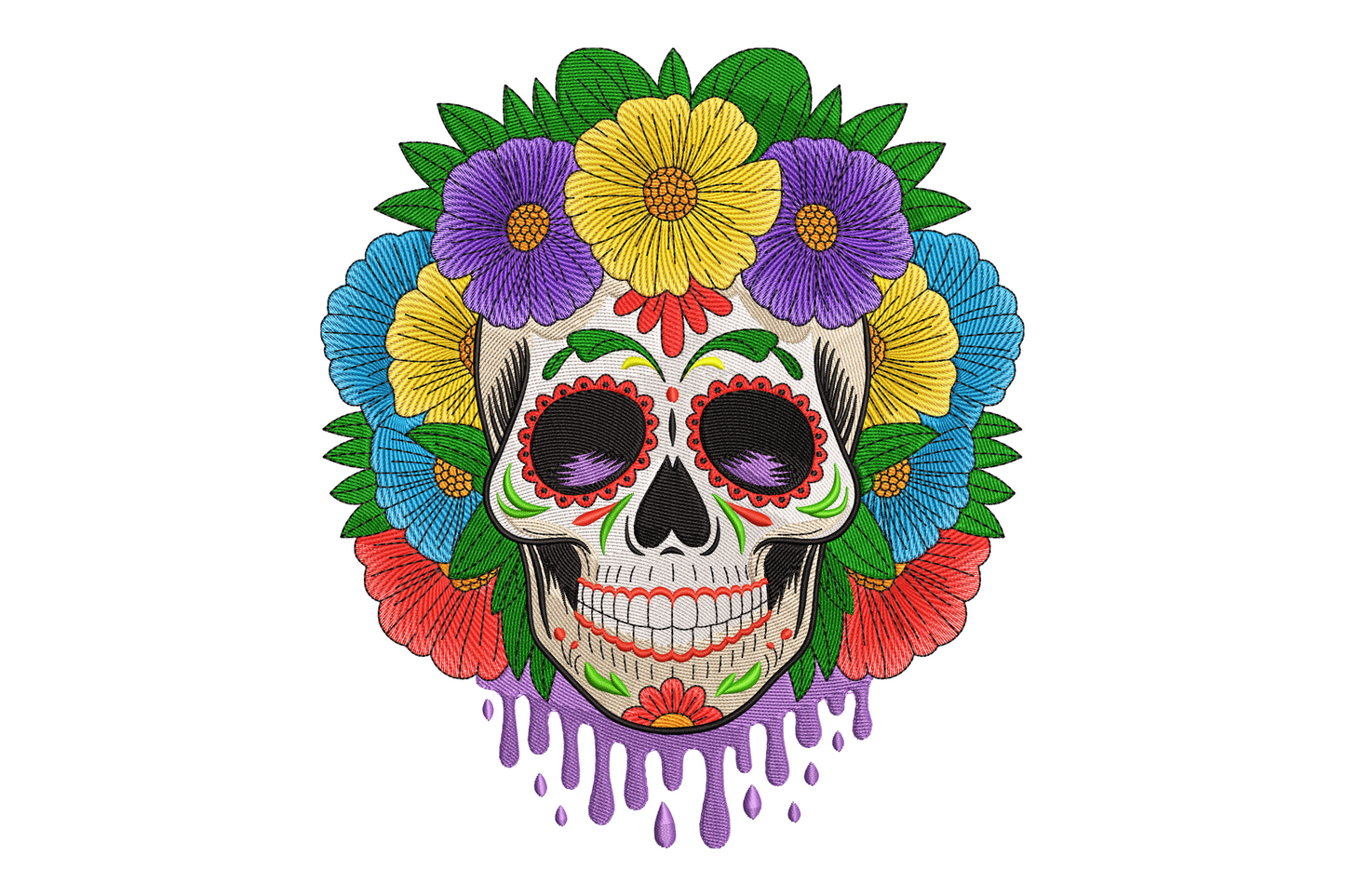 Sugar skull with rainbow flower crown of yellow purple blue red orange blooms, big purple eye sockets, floral cheek paint and dripping purple jaw effect, day of the dead halloween embroidery