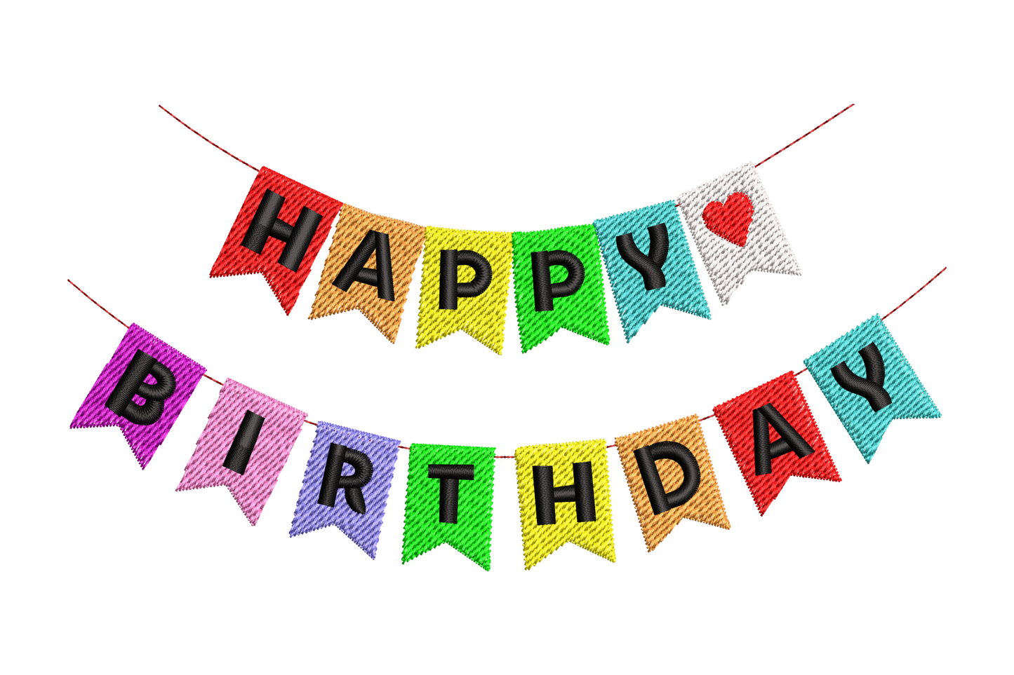 Colorful happy birthday banner bunting embroidery design with rainbow flags and white lettering, vertical party garland.