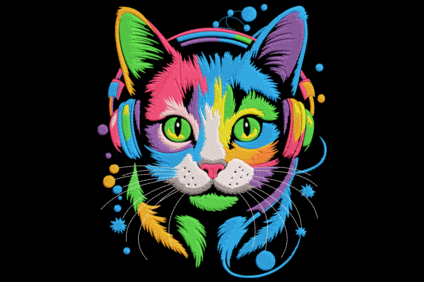 Pop-art cat embroidery design with neon pink yellow headphones, magenta blue green orange fur splashes and cyan ink dot accents on dark fabric.