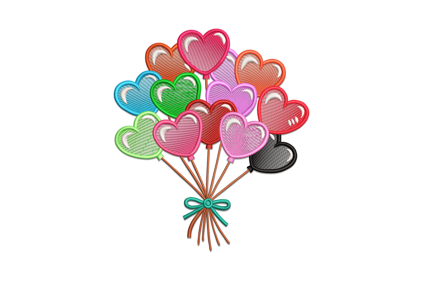 Machine embroidery colorful heart-shaped balloons floating in a bouquet on strings, 16 thread colors on white fabric