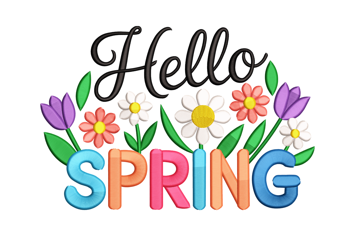 Colorful 'Hello Spring' text with flowers on a white background