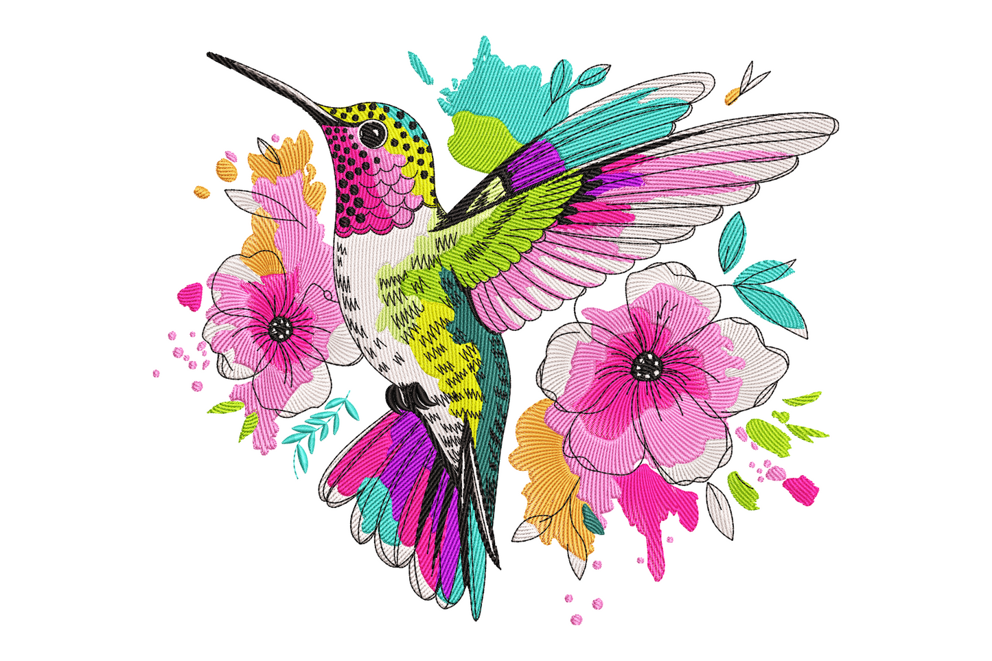 Colorful hummingbird embroidery, lime green body, hot pink and purple wings, teal tail, two pink flowers, orange and teal ink splashes behind.